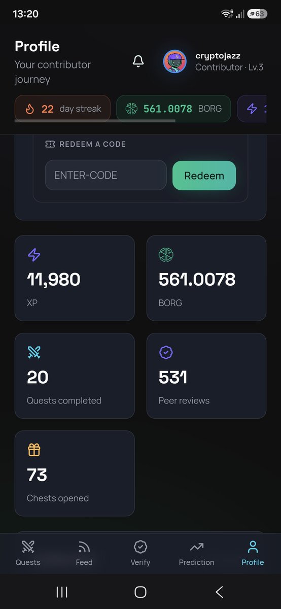 hyjazzz's tweet photo. 🟢 GUARDIANS, À VOUS DE JOUER ! 🛡️🔥

Voilà mon profil après quelques semaines de quêtes 👀
🔥 22 jours de streak
⚡ 71 980 XP
⚔️ 20 quêtes
✅ 531 peer reviews
🎁 73 coffres ouverts

Maintenant je veux voir VOS STATS ! 😎

📸 Balancez une capture de votre profil / Guardian en commentaire 👇
Qui est le plus actif de la communauté ? 👀🏆

#SwissBorg #Guardians #WeAreSwissBorg $BORG