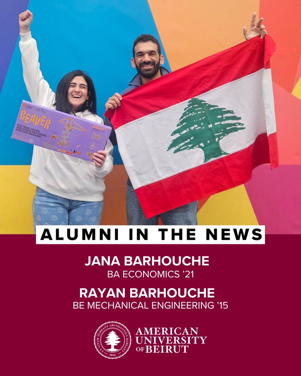 AUBAlumni's tweet photo. Congratulations to AUB alumni Jana Barhouche (BA Economics ’21) and Rayan Barhouche (BE Mechanical Engineering ’15)  on Beaver Edu’s outstanding international recognition!
Beaver Edu has made history as the first Lebanese and Arab startup to receive the ToyAward 2026 in the Startup Category at Spielwarenmesse in Germany.
This remarkable milestone follows other notable recognitions, including the Chinyeh Hostler Award for Social Innovation 2025 at AUB's President's Innovation Challenge and the SMARTESA–ESA Award, reflecting Beaver Edu’s growing impact in educational innovation.
Proud to celebrate our alumni and their achievements on the global stage!
#AUBAlumni #AlumniAchievements