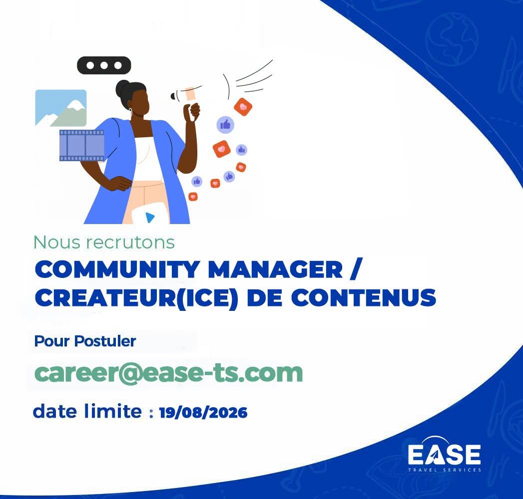 HghesSah's tweet photo. Offre d'emploi (Métier du Digital) : Ease Travel Services recrute un Community Manager / Créateur (ice) de Contenus. 

Ville : Douala/ Cameroun 
Date limite : 19 Août 2026

Pour en savoir d'avantage 👇🏾

#offredemploi #icicarecrute #communitymanager #createurcontenu #cameroun https://t.co/G67IhpHBUi