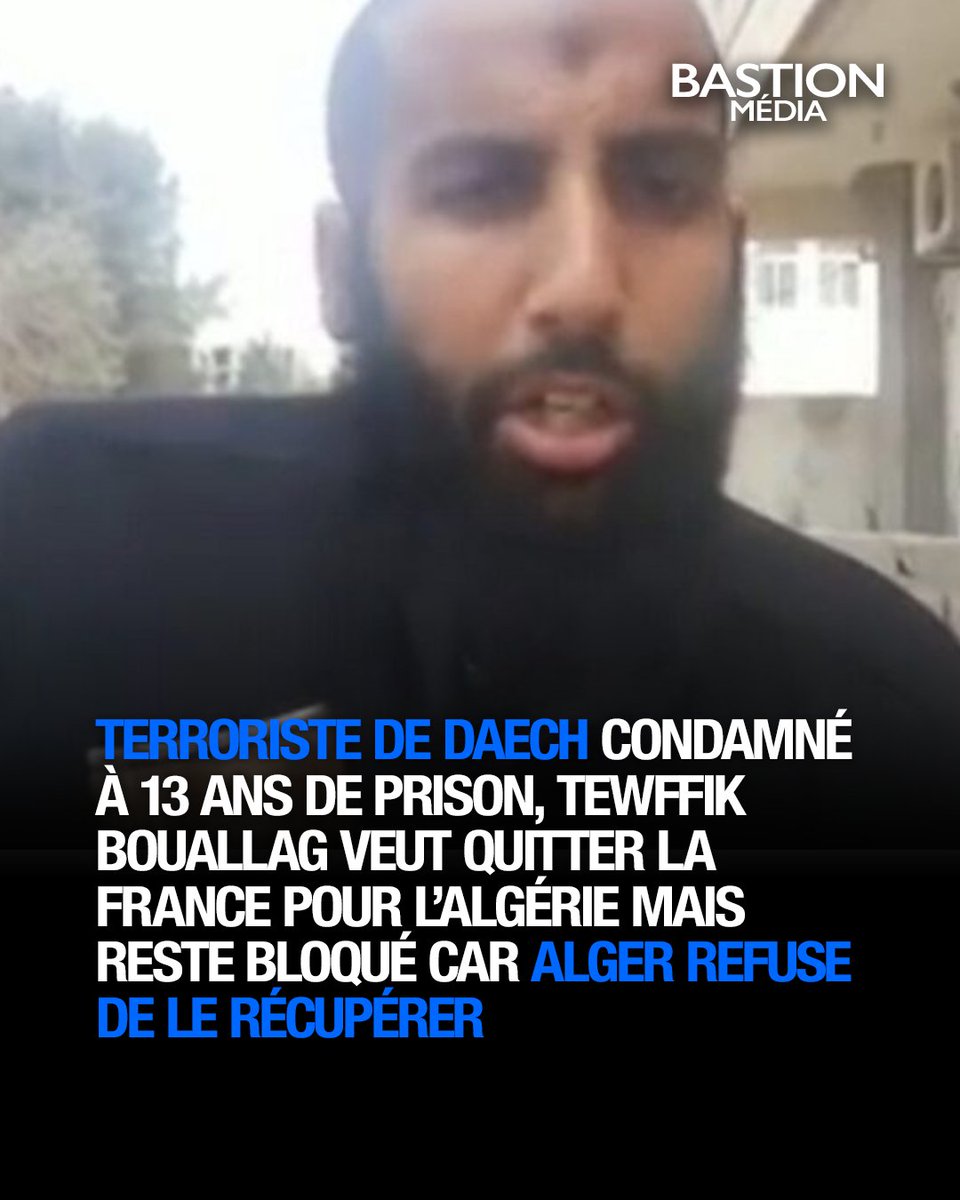 BastionMediaFR's tweet photo. 🔴🇫🇷 𝗙𝗟𝗔𝗦𝗛 𝗜𝗡𝗙𝗢 — Ancien Franco-Algérien et terroriste de Daech, Tewffik Bouallag veut quitter définitivement la France pour l’Algérie, mais reste bloqué sur le territoire car Alger refuse de le récupérer.

Condamné à 13 ans de prison pour avoir combattu en Syrie, il avait notamment affiché sa volonté « d’imposer la charia par la force dans les territoires conquis » ainsi que « son rejet total des valeurs et règles de la société française ».

Bernard Cazeneuve le qualifiait en 2014 de « dangereux et susceptible d’agir sur le sol français ».

Libéré de prison en avril après avoir purgé sa peine, il a été directement placé au centre de rétention administrative de Lesquin, près de Lille.

Tewffik Bouallag possédait auparavant les nationalités française et algérienne, avant de demander lui-même à renoncer à sa nationalité française.

Il déclarait notamment : « Ce sale pays n’est pas et ne sera jamais le mien » et « Je ne me suis jamais senti Français et je le serai jamais ». Sa demande a été acceptée en novembre 2025.

La préfecture du Nord affirme avoir saisi les autorités consulaires algériennes depuis plusieurs semaines, mais son départ reste toujours bloqué.

(Sources : France 3 / Le Figaro / @F_Desouche)