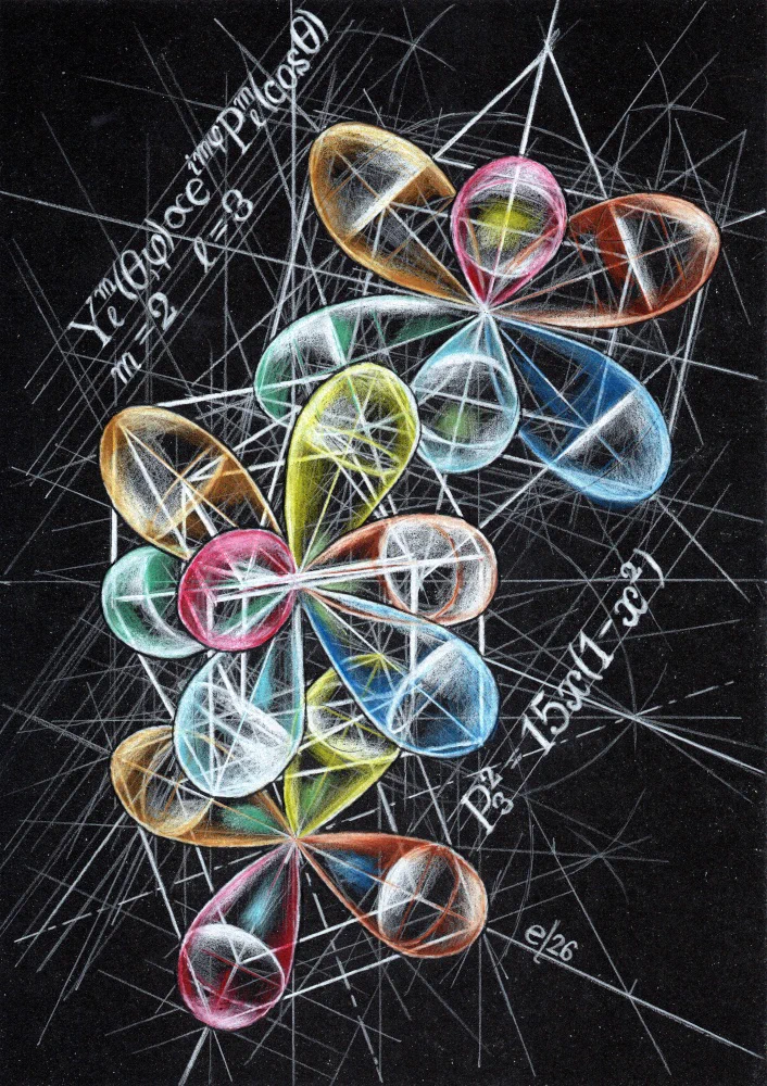 Geometrical construction of the spherical harmonic function Y_32. Orthographic projection, traditional descriptive geometry. Colored pencils on black paper, by elkement 2026.