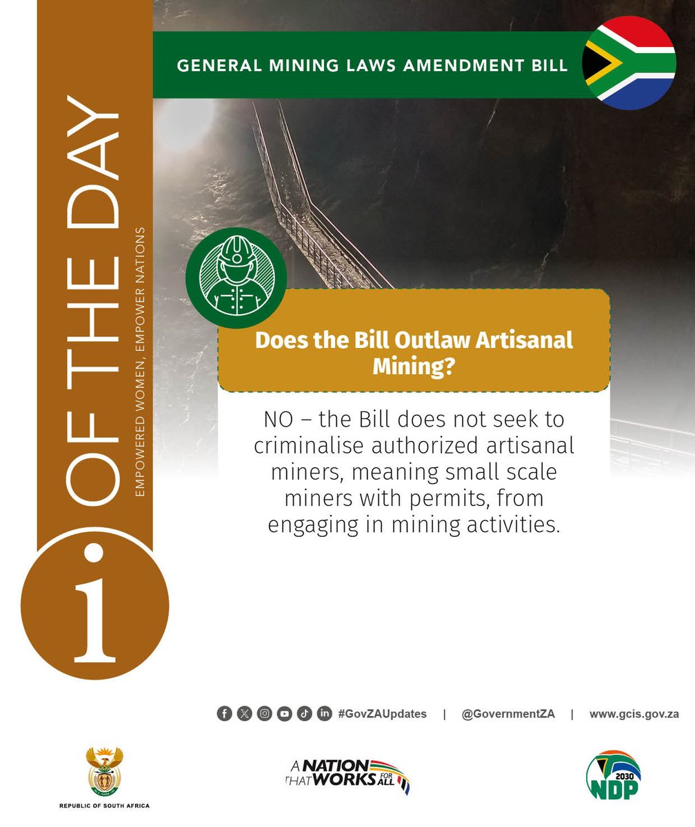 GovernmentZA's tweet photo. 📢 Artisanal mining with a permit? Still legal. ✅
The General Mining Laws Amendment Bill targets illicit mining, not authorised small-scale miners.
#MiningReform #GovZAUpdates #AmendmentBill https://t.co/rfpR2MkpDf