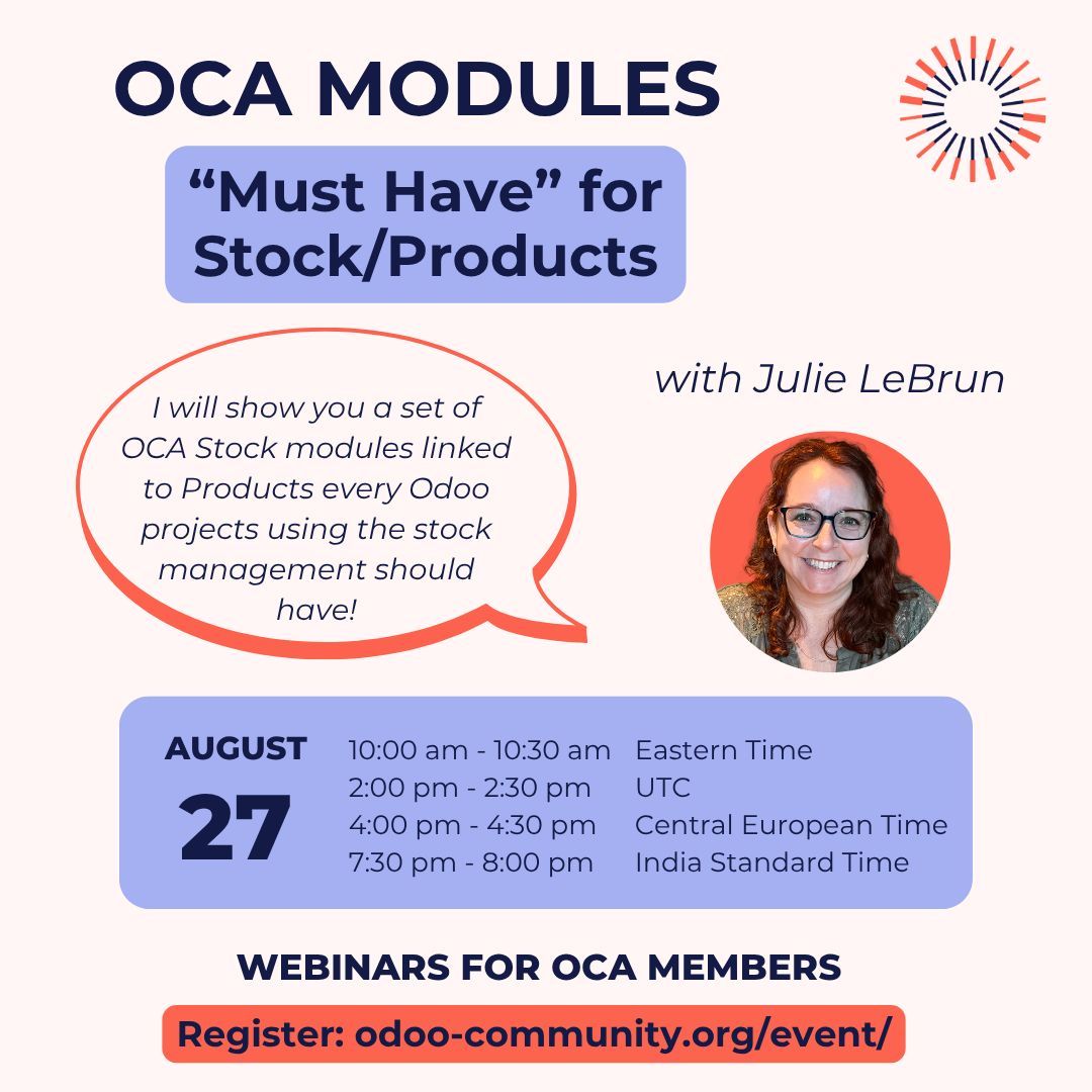 OdooCommunity's tweet photo. In 2 weeks, discover a set of MUST HAVE OCA modules for Stock Management linked to Products every project should use in this webinar.
π
August 27, 2026 at 14h00 UTC
ποΈ Registration: https://t.co/UQQAQcJjiB
Free for #OCA members
#OdooCommunity #Stock #Inventory #Products https://t.co/SG9Ado9vjv