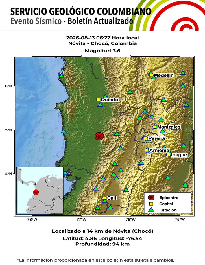 sgcol's tweet photo. #SismosColombiaSGC Evento Sísmico - Boletín Actualizado 1, 2026-08-13, 06:22 hora local Magnitud 3.6. Profundidad 94 km, Nóvita - Chocó, Colombia ¿Sintió este sismo? repórtelo https://t.co/pgC7OC2O7j https://t.co/63pt8nVsSe #Temblor #Sismo https://t.co/PTke6lSU7M
