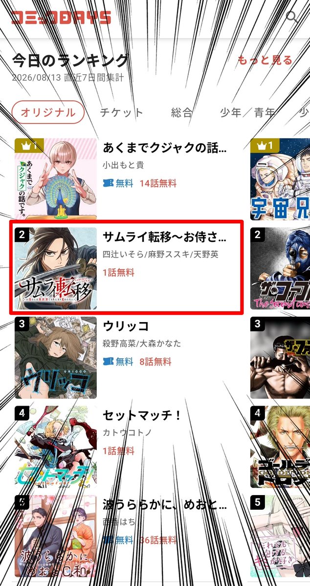 asanosusuki's tweet photo. サムライ転移、コミックDAYSアプリで今日は2位でした！！すごい！！ありがとうございます！！ https://t.co/sGHL7XtTME