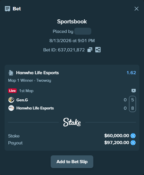 stakehighroller's tweet photo. Spotted at LCK: $60,000 on Hanwha Life Esports to win Map 1 at 1.62.

#LCK Same bet here https://t.co/vo0mtwIhGf https://t.co/X8K62seg0I