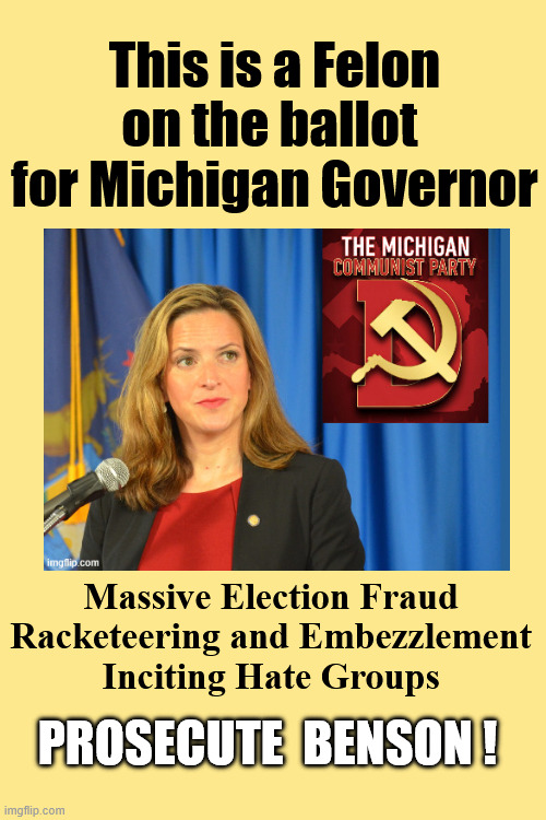 FarmBoyJeff1's tweet photo. We don't have a Michigan Judicial that will indict the corrupt Secretary of State.

Do we have a Federal Judicial that will take the bull by the horns and disqualify, indict, and prosecute this career-long felon?

I don't get it.  What the hell is going on with our nation of law? https://t.co/3RYace0PZu