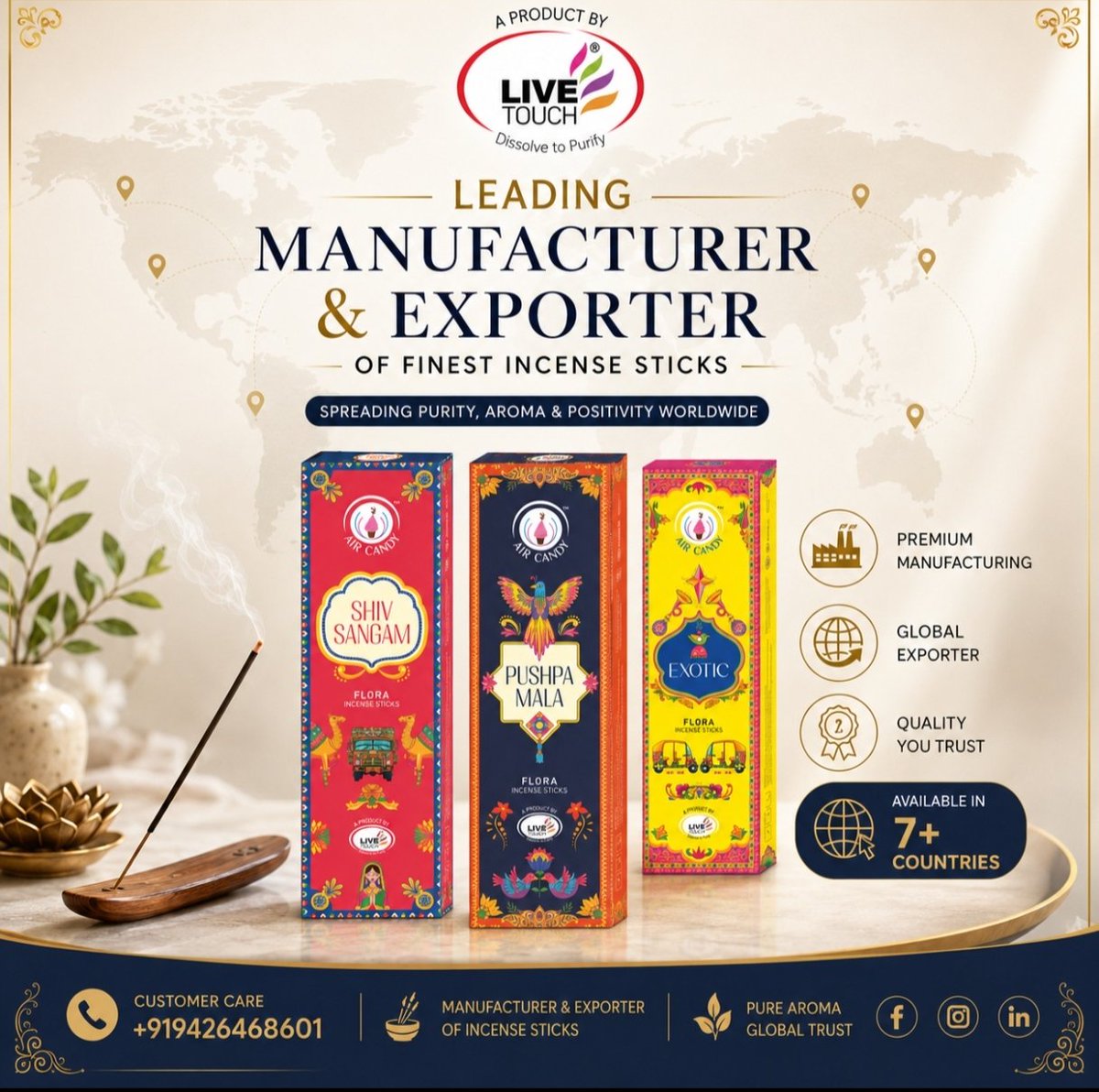 Livetouchgroup's tweet photo. 🌿 Spreading Purity, Aroma &amp; Positivity Worldwide! 🌍✨

#LiveTouch #IncenseManufacturer #IncenseExporter #AgarbattiManufacturer #AgarbattiExporter #IndianIncense #PremiumIncense #Fragrance #PureAroma #GlobalExporter #MadeInIndia #7PlusCountries #B2B #Wholesale #ExportBusiness https://t.co/ReBunxNpJg