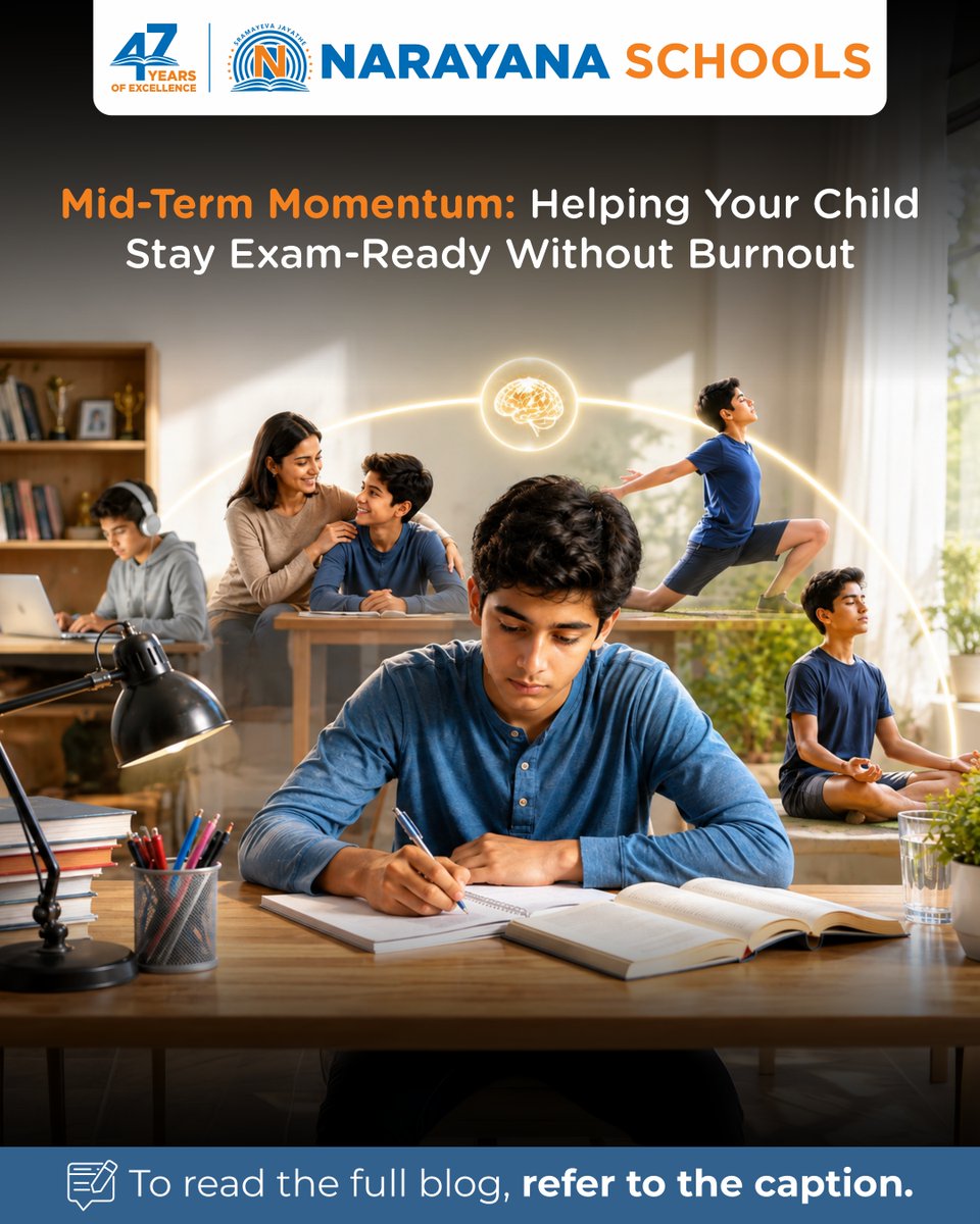 NarayanaEdu's tweet photo. 📚✨ Mid-Terms Without the Stress!
Smart study, timely breaks & emotional support can help children stay focused, confident & exam-ready 💪🧠
Let’s build healthy study habits that last beyond exams! 🌱
🔗 https://t.co/P8XXhzSE1X
#MidTermMomentum #ExamReady #SmartStudy https://t.co/EcQLyaC5PD