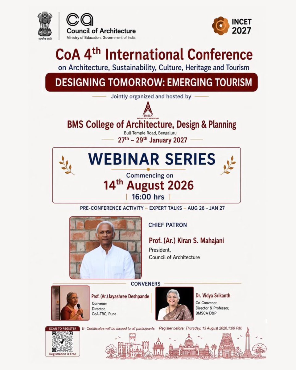 CouncilofArchi1's tweet photo. CoA’s 4th International Conference explores how architecture can shape the future of tourism.

Join the pre-conference Webinar Series from 14 Aug at 4 PM.

🎓 E-Certificates
📝 Free registration
⏰ Register by 13 Aug, 1 PM

#COAIndia https://t.co/if3xAl8Fiz
