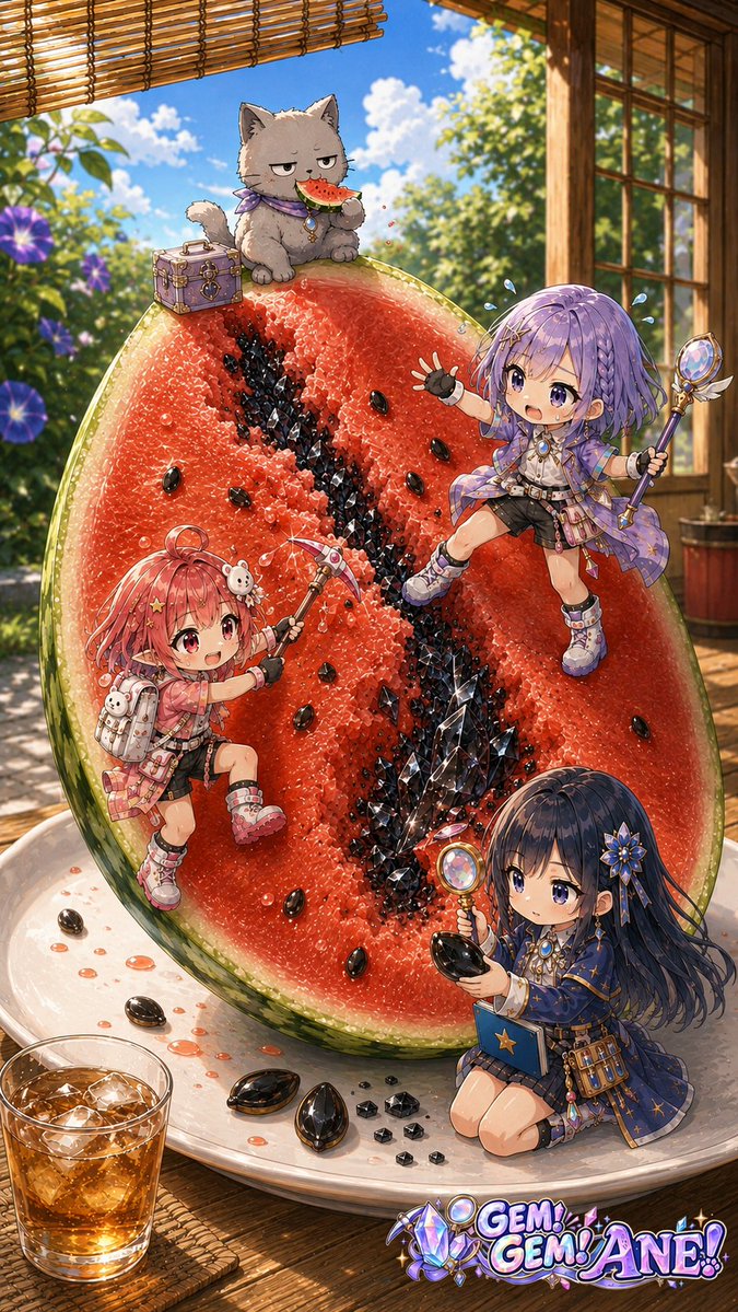 ginnekoki's tweet photo. 【GEM！GEM！ANE！】

今日の隠された宝石💎✨️

見つけられる〜？

――

スイカ割りって、
こういう意味だっけ〜⁉️😂🍉💎

#GEMGEMANE 

💎入手✨️黒曜石🪎 https://t.co/80tJryN9bv