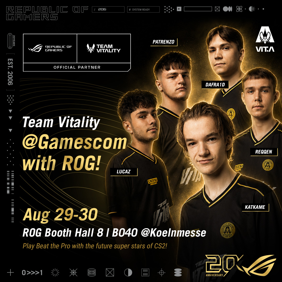 ASUS_ROG's tweet photo. The next guest is revealed! 👀

Team Vitality is coming to Gamescom 2026! 🐝
Get ready to meet the CS2 academy team, snap some photos, and catch all the esports energy live at the ROG booth! 🔥

📅 Aug 26–30
📍 Hall 8 | B040 @ Koelnmesse
Come say hi and join the action! ✌️

#ROGGamescom2026 #ForThoseWhoDare