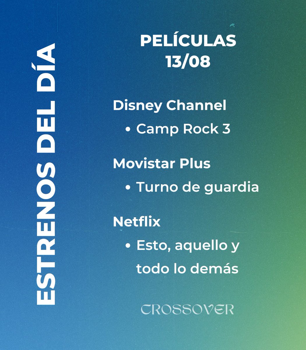 CrossoverSerie's tweet photo. #PelículasEnPlataformas - Jueves 13
Hoy se estrena #CampRock3 en #DisneyChannel (mañana en @DisneyPlusES), el drama médico #TurnoDeGuardia en @MovistarPlus y el drama filipino #EstoAquelloYTodoLoDemás en @NetflixES
Lista mensual en Letterboxd: https://t.co/AWhpKKbahE https://t.co/0KFV2uXnPc