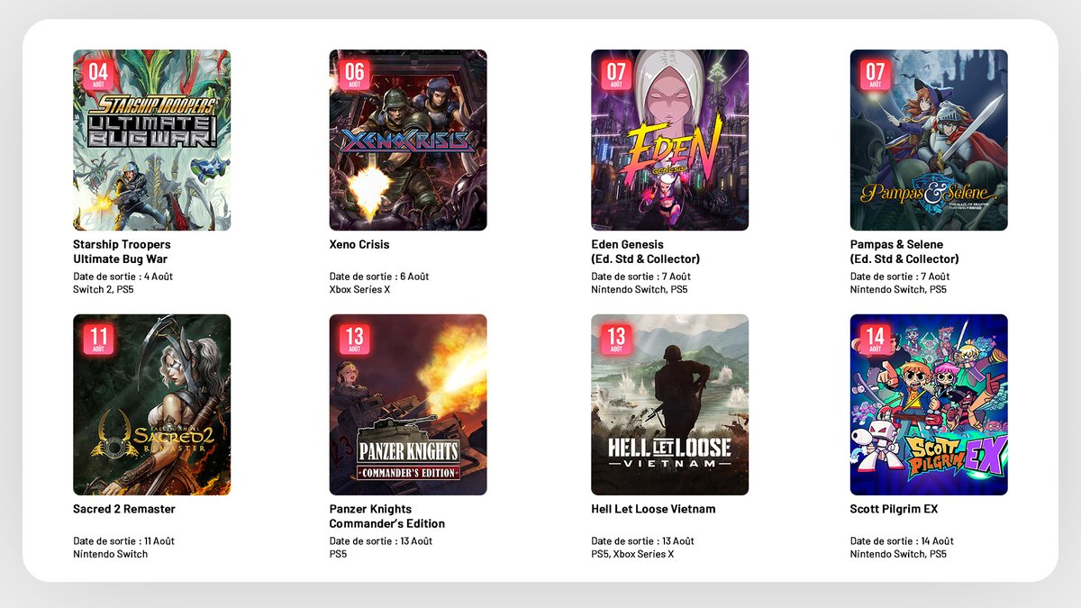 MaxEnt_FR's tweet photo. 📅 Planning de nos sorties physiques d'août 🥵

Découvrez toutes les nouveautés arrivant ce mois-ci sur notre boutique @JFG_LeShop ! 🙌

💟 Retrouvez le planning directement sur la boutique pour ajouter les jeux à vos favoris : https://t.co/cxxeHyndJm https://t.co/9NoAK9eY4M