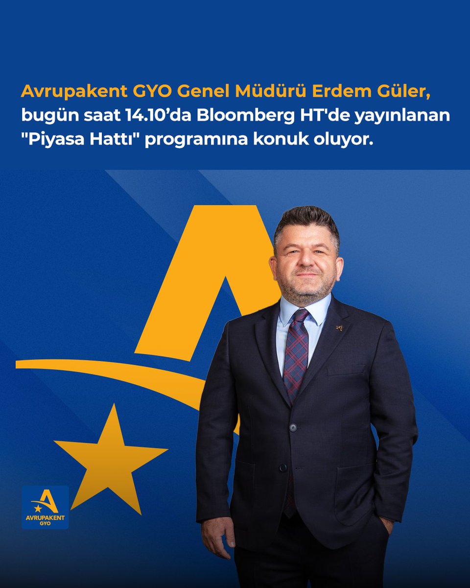 AvrupakentGYO's tweet photo. Avrupakent GYO Genel Müdürü Erdem Güler, bugün saat 14.10’da Bloomberg HT'de yayınlanan "Piyasa Hattı" programına konuk oluyor.
#AvrupakentGYO #ErdemGüler #BloombergHT #PiyasaHattı https://t.co/2z226tPBDk