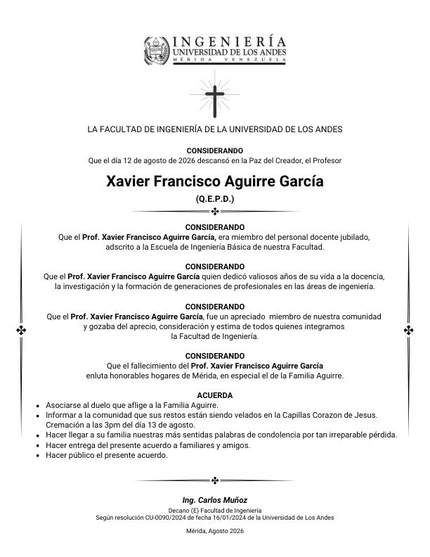 IngenieriaULA's tweet photo. Nos unimos al duelo de familiares y amigos por el fallecimiento del Prof. Xavier Francisco Aguirre García, profesor jubilado de la Escuela Básica de la Facultad de Ingeniería.

Elevamos una oración por el descanso de su alma. 🙏 https://t.co/6vcuhXwb0q