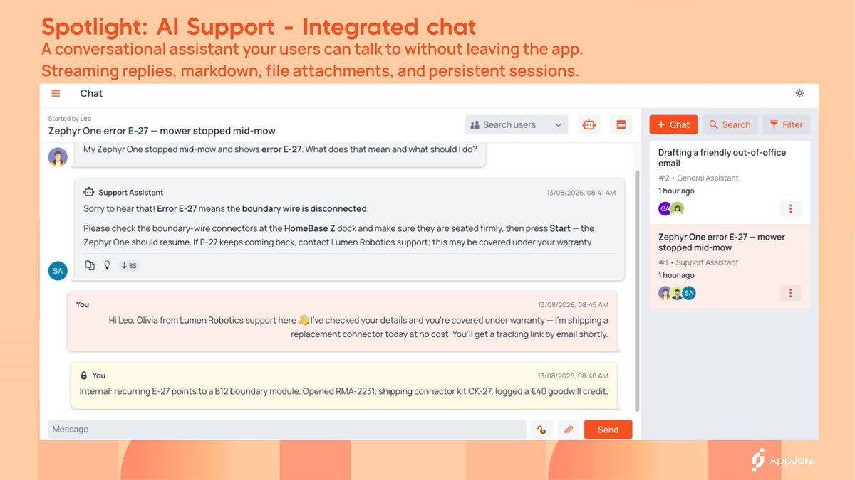 AppJarsModules's tweet photo. An AI assistant built into your Java app, that actually knows your product.

AI Support brings chat, Meta channels, and your own knowledge base into your Spring Boot and Vaadin app, with full visibility into every answer.

Learn more at https://t.co/qlhGYpdNeS https://t.co/qmq9FZJ4eC