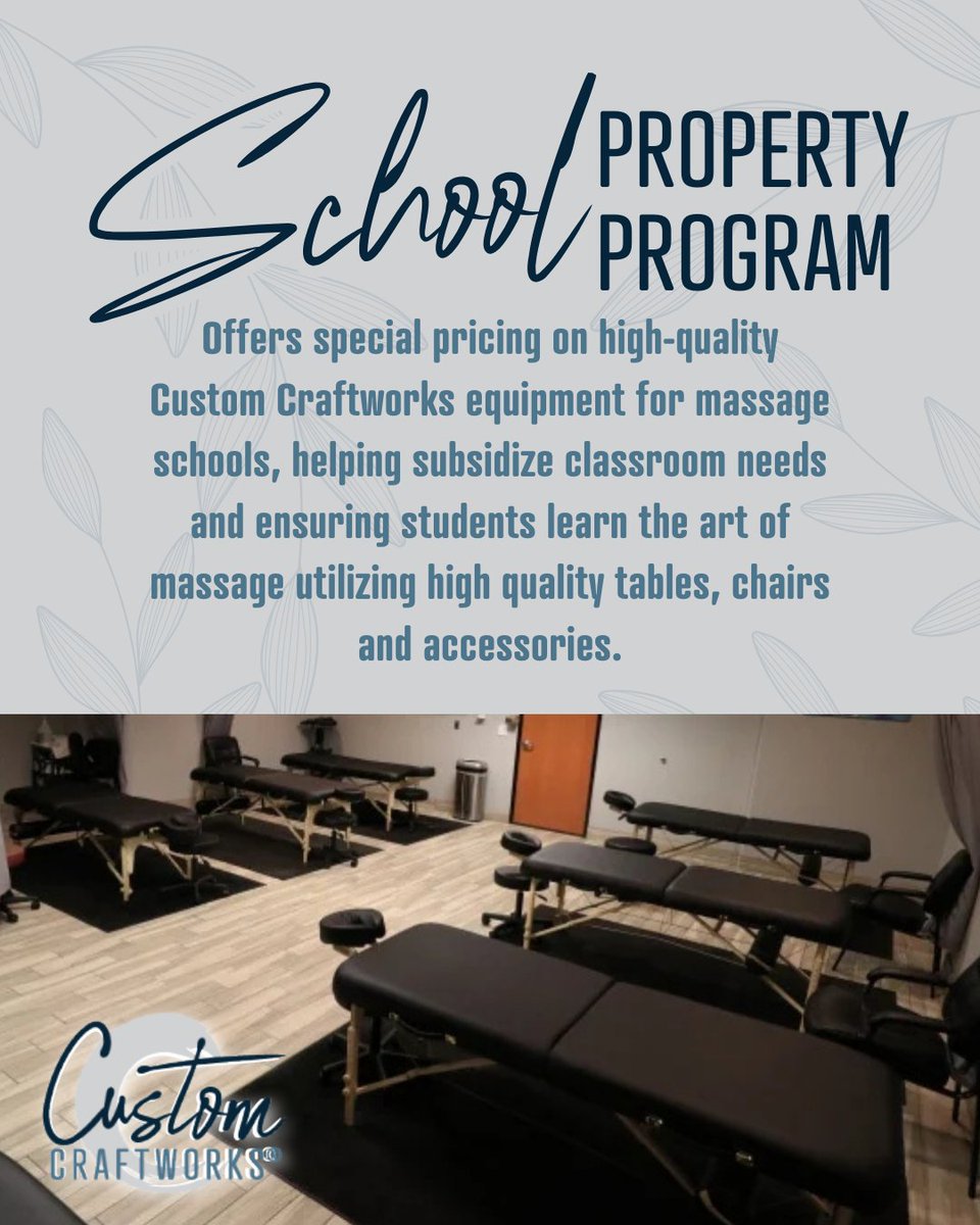 CustomCraftwork's tweet photo. Invest in your students with equipment that's built to last, and built to inspire. 🚀 Learn more about the School Property Program: https://t.co/JhXvk0gxDE

#MassageSchool #MassageEducation #MassageTherapy #MassageStudents #MassageInstructor https://t.co/9lsH3llSYg