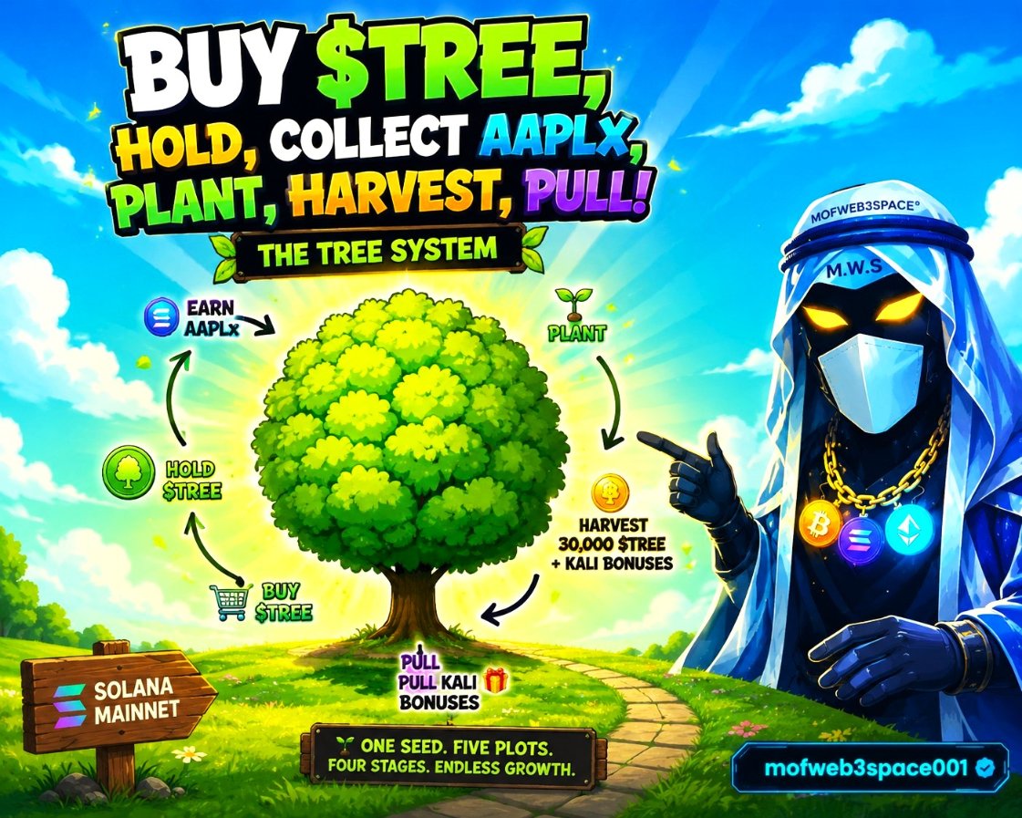 mofweb3space001's tweet photo. 🌳 1/6 : I thought TREE was just a tree

Then I actually looked into how the system works, I will say the easiest way I can explain $TREE to someone seeing it for the first time is this:

📌BUY → HOLD → COLLECT AAPLx → PLANT → HARVEST → PULL.
  That’s the core loop.

It sounds like a lot at first, but once you break it into steps, it starts making sense.

So let’s walk through the Garden 👇
A THREAD 🧵
@treeonsf #TREE #Solana