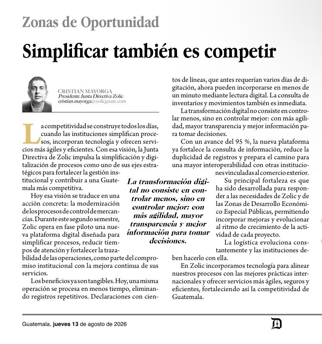 ZOLICGUATEMALA's tweet photo. En nuestra columna Zonas de Oportunidad, publicada hoy en el Diario de Centro América, abordamos cómo la modernización y digitalización de los procesos de control de mercancías en ZOLIC permite reducir tiempos, mejorar la trazabilidad y agilizar la atención a los usuarios. https://t.co/i7oFU8CQuy