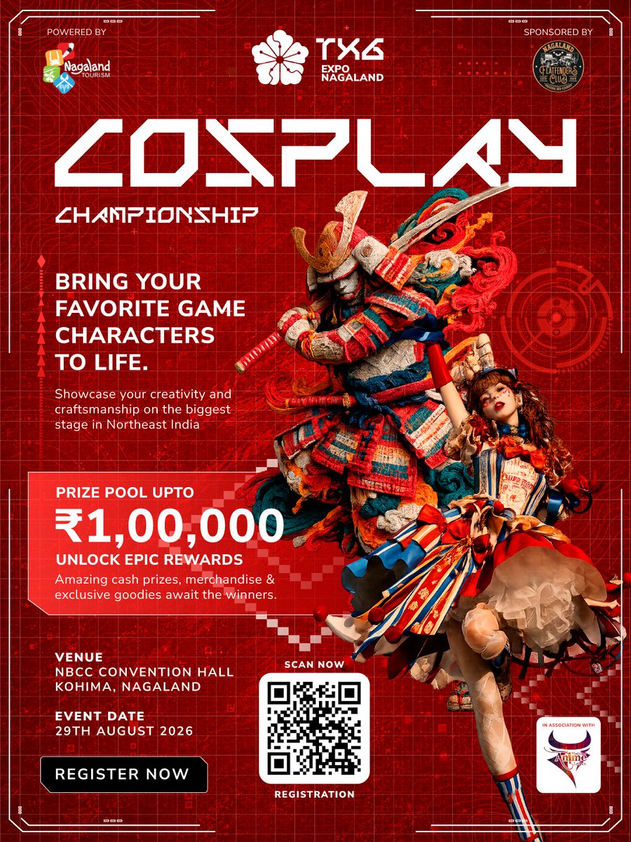 TXGExpo's tweet photo. The stage is yours — but the judges are watching. 👀🎭

Bring the character, craftsmanship and performance to impress the panel at the TXG Cosplay Championship 2026.

📅 29 Aug | Kohima
🏆 ₹1,00,000

#TXG2026 #CosplayIndia https://t.co/a1hKM4DGo4