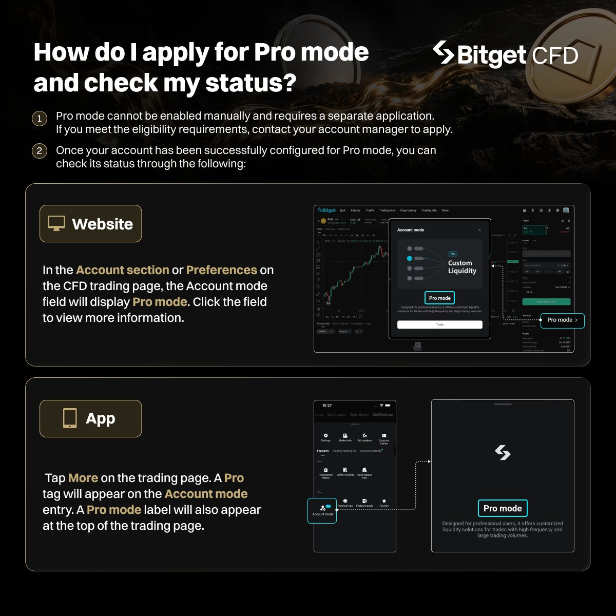 Bitget_TradFi's tweet photo. Bitget CFD Pro Mode is now live!

Featuring dedicated liquidity and independent market depth, designed for high-frequency and large-volume traders who demand tighter slippage control and deeper execution.

Pro Mode is available to eligible professional traders and key accounts.