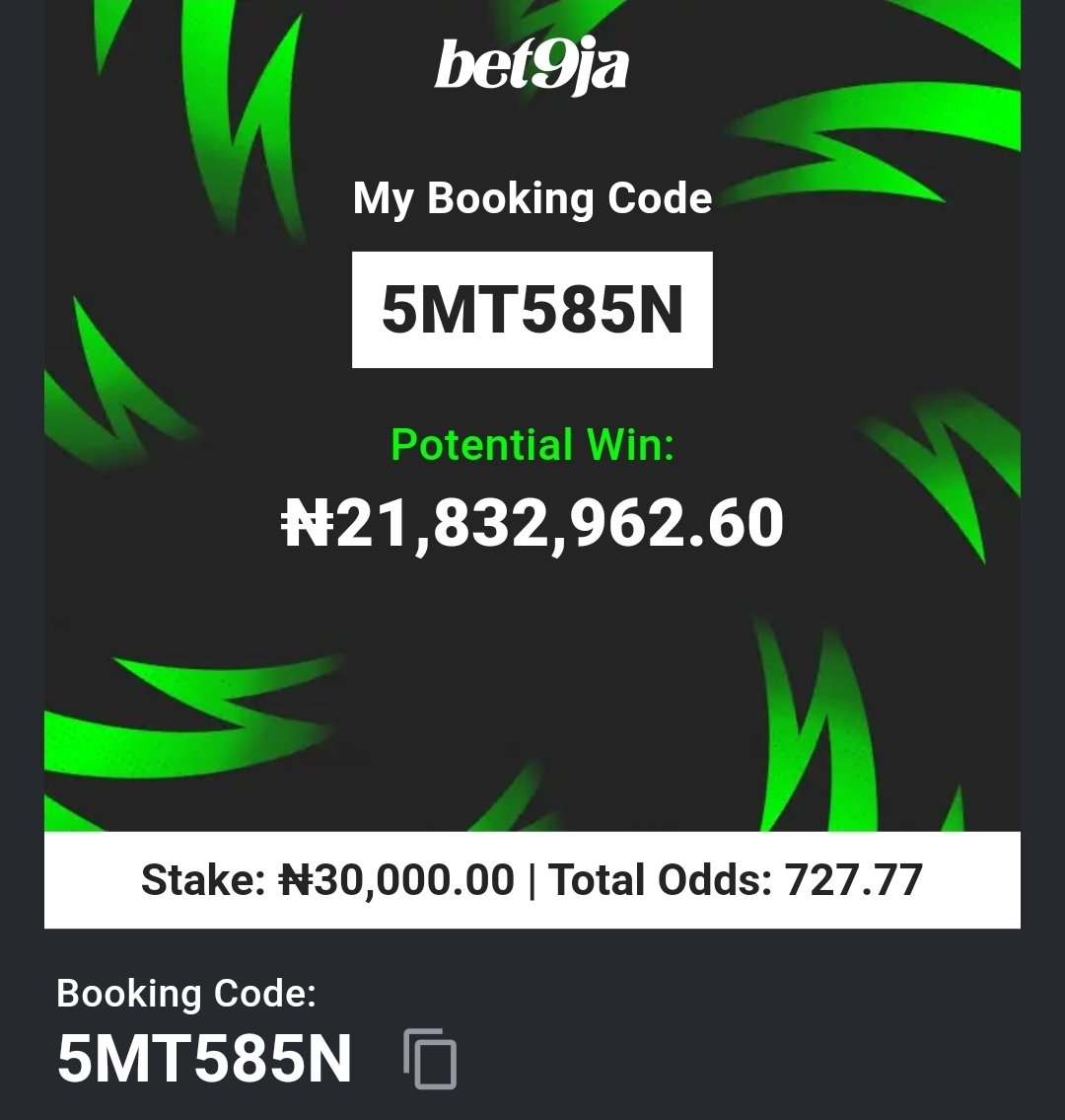 lekan_mark's tweet photo. 5MT585N    6/6 
5MT5FTT     6/6   💥  DOUBLE SIX 💪 

#BET9JACODE 
#BET9JACODE https://t.co/Ff3DQt1bWB