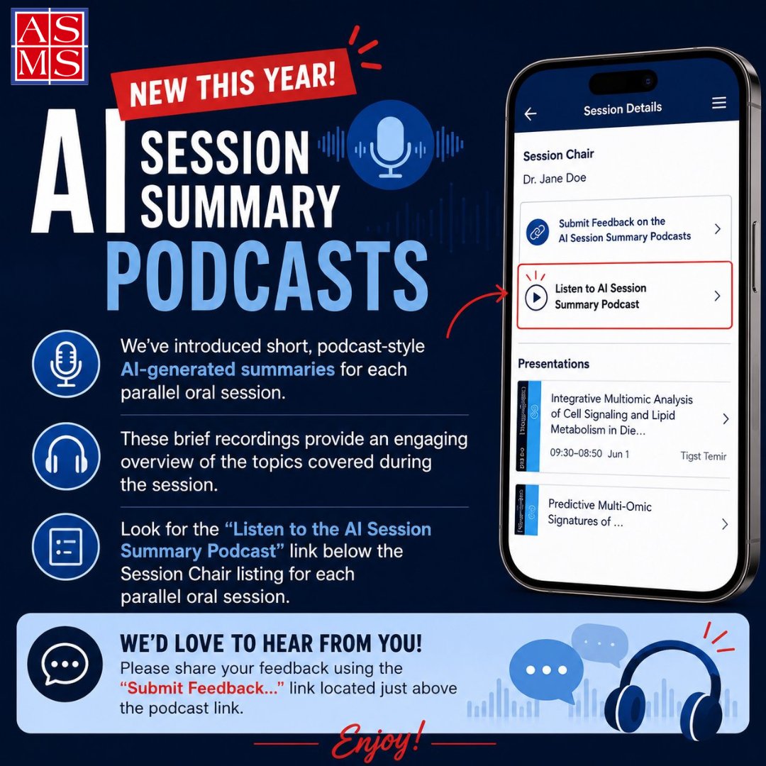 asmsnews's tweet photo. Hey #TeamMassSpec! Catch up on the science in just a few minutes.
Our new AI Session Summary Podcasts offer short, podcast-style overviews of each parallel oral session from #ASMS2026. Listen in the Online Planner/ App, then share your feedback. We'd love to hear what you think! https://t.co/OoPyOGdlMI