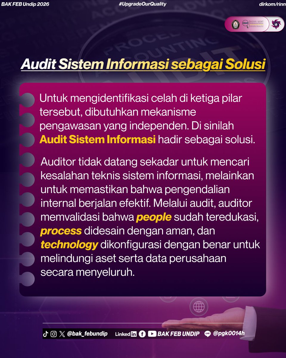 BAK_FEBUNDIP's tweet photo. Lantas, bagaimana cara memastikan sistem informasi tetap aman dan terkelola dengan baik?

Yuk Famz, kenali peran COBIT dalam Audit Sistem Informasi di Dunia Audit Episode 15! ✨

#BAKFEBUNDIP
#UPGRADEOURQUALITY
#RAIHTRANSPARANSI https://t.co/Y5x9zYqgzi