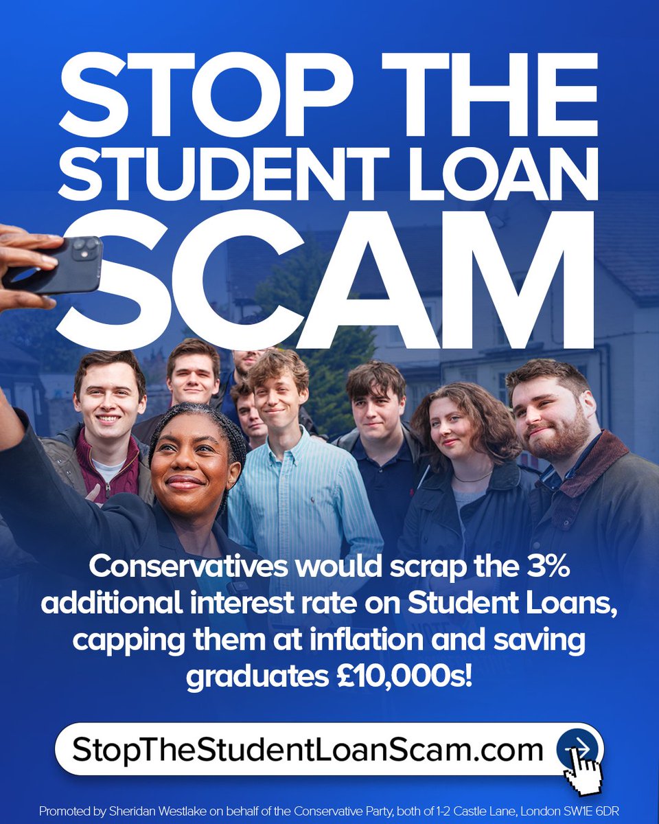 Conservatives's tweet photo. Congratulations to everyone getting their results today 🎉

We believe those who work hard for a better life should keep more of what they earn.

That's why the next Conservative government will scrap real interest rates on student loans. https://t.co/ozas2tHpYK