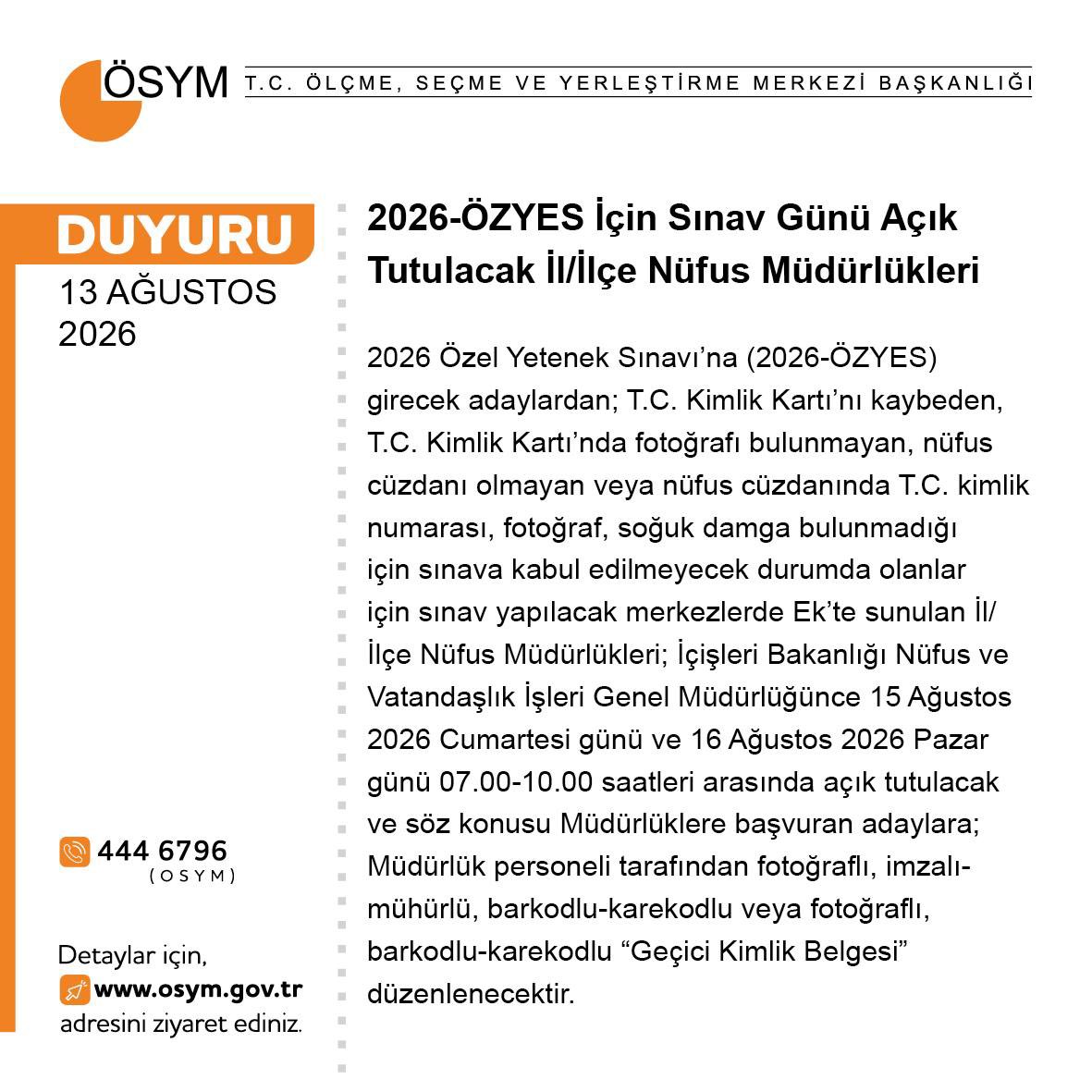 OSYMbaskanligi's tweet photo. 2026-ÖZYES İçin Sınav Günü Açık Tutulacak İl/İlçe Nüfus Müdürlükleri

https://t.co/FwrffxAPJ9 https://t.co/jcroARncrc
