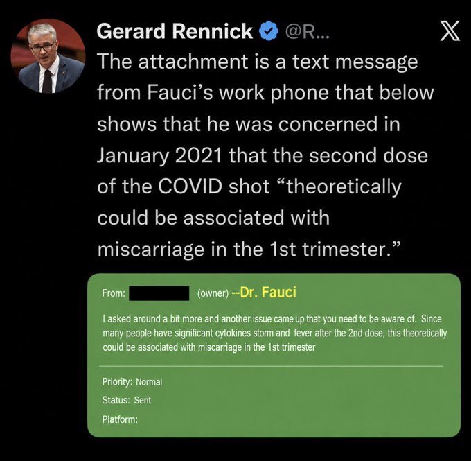 chrisdrieg's tweet photo. Dr David Martin,
In Jan.2021,Fauci privately texted  the second COVID dose theoretically could be associated with miscarriage in 1st trimester because of cytokine storm &amp; fever
Days later he told public there were no red flags
They knew, still pushed it.  https://t.co/aHMbFZHjmr https://t.co/DHep5txmtm
