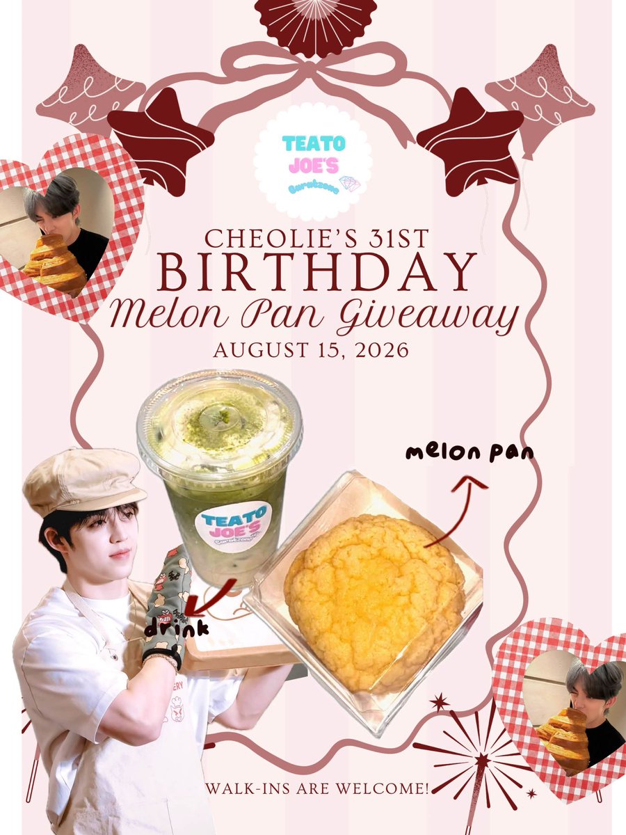 Teatojoes's tweet photo. CHEOLIE’S 31ST BIRTHDAY MELON PAN GIVEAWAY! 🍈✨
Celebrate S.COUPS’s birthday with us at Teato Joe’s Caratzone!
✨ Minimum purchase of ₱170
✨ Open for walk-ins
✨ Limited giveaways only — while supplies last!
#teatojoescaratzone #happyscoupsday #seventeencafe https://t.co/fa8k2dbvMV