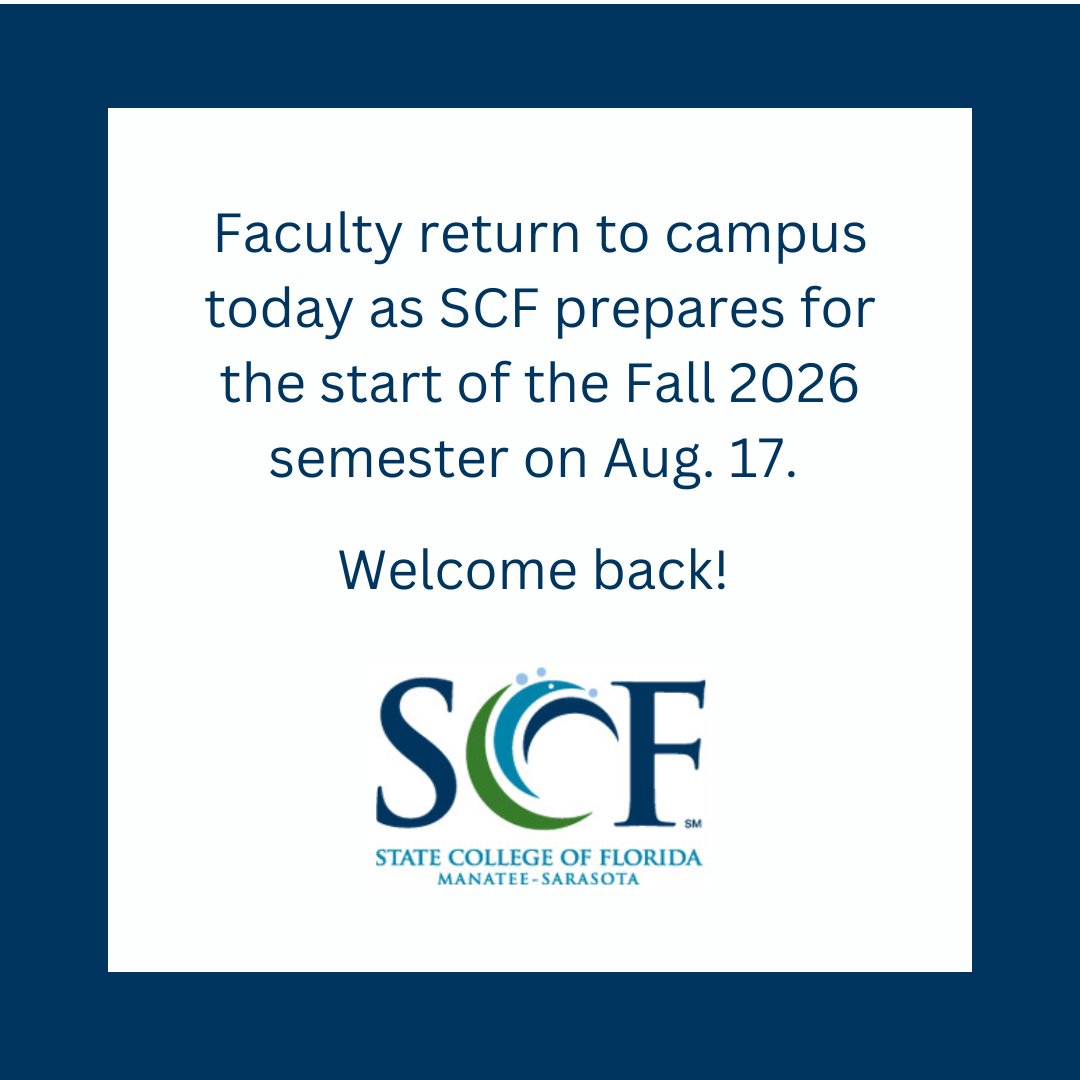 SCFnow's tweet photo. Welcome back, SCF faculty! Classes begin Aug. 17, and the campus is getting ready for a great Fall semester. 🎉

#SCFProud #GoManatees #SCFAcademics #Fall2026 https://t.co/9k7NHRizV5
