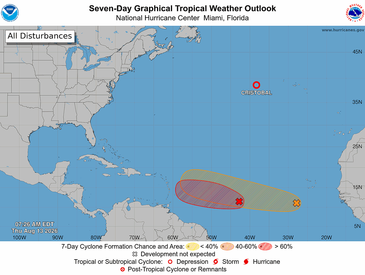 NHC_Atlantic's tweet photo. NHC is monitoring two areas in the Atlantic for potential tropical development, #AL92 🔴 which has a high chance (80%) of development, and #AL94 🟠 which has a medium chance (50%) of development. Check https://t.co/GrztW6mQJV for the latest information. https://t.co/QDKPkGPG77