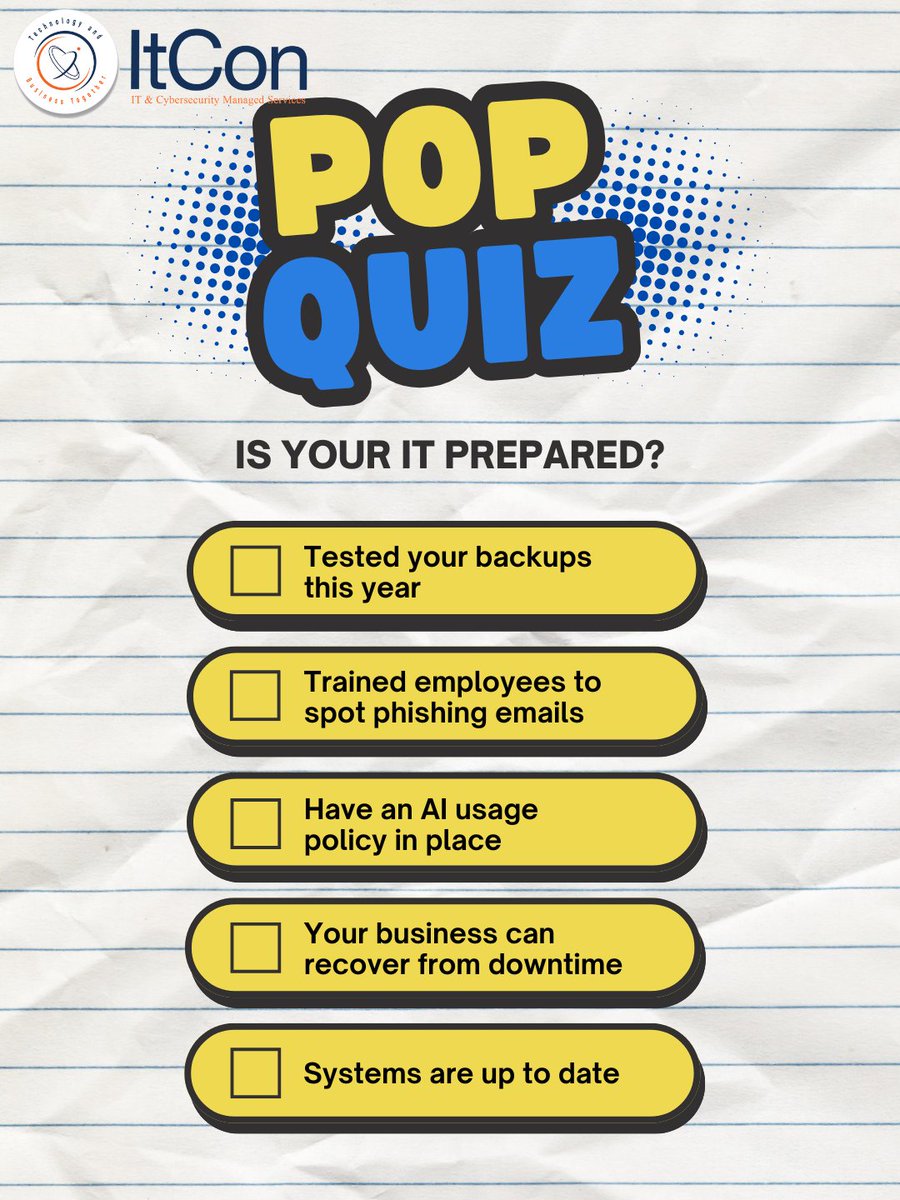 lfreimanitcon's tweet photo. IT pop quiz time! Can you check off all 5 essentials: backups, employee training, AI policy, recovery plan, and updates? 

If you’re a “PASSED,” drop it below! Not there yet? Let’s fix your IT—book a call: https://t.co/TbWkiKjDSm 

#CyberSecurity #ITSupport #ItCon https://t.co/BbUsJ6O7hO