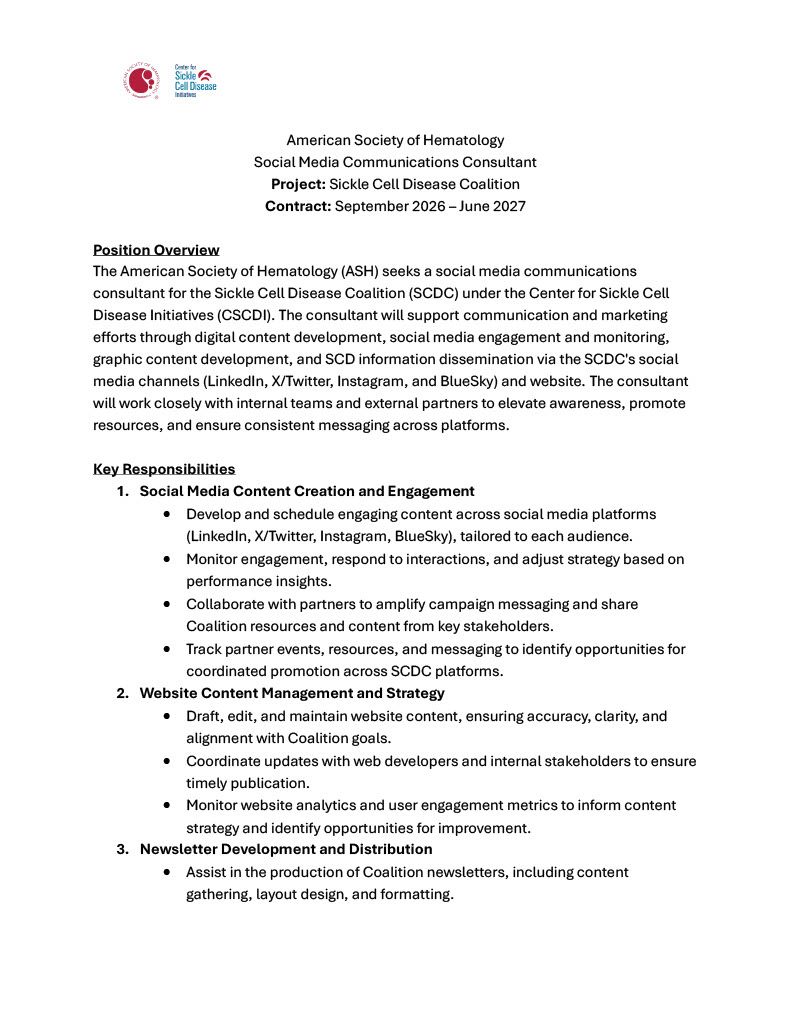 ConquerSCD's tweet photo. Calling all digital comms, marketing &amp; public health promotion pros!
ASH is hiring a Social Media Communications Consultant to support the Sickle Cell Disease Coalition with content, engagement, &amp; SCD resource promotion.

See the RFA below. Apply by Aug. 28: scd@hematology.org https://t.co/H6QNF3gk8V