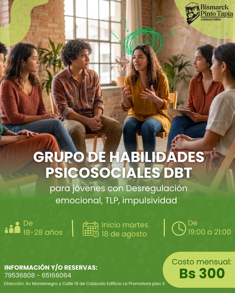 In_Psicologa's tweet photo. Estamos iniciando un Grupo de Habilidades DBT para jóvenes de 18 a 28 años, especialmente pensado para quienes tienen dificultades para regular emociones intensas, manejar la impulsividad o atravesar momentos de crisis.

Son habilidades que se aprenden y se entrenan. 🌱
RT https://t.co/tzg5e4ryz0