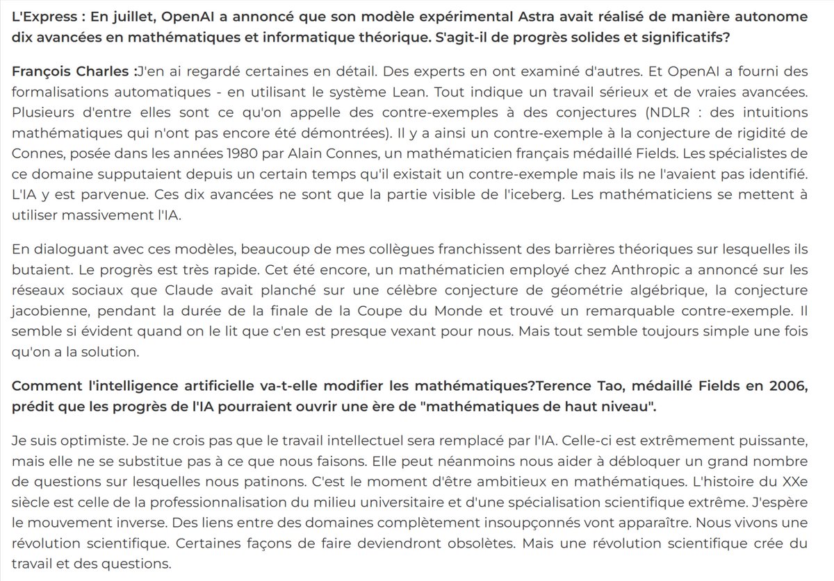 Fabien_Mikol's tweet photo. François Charles (directeur du département mathématiques &amp; applications ENS-PSL) : "En dialoguant avec ces modèles, beaucoup de mes collègues franchissent des barrières théoriques sur lesquelles ils butaient. Le progrès est très rapide" ; "Nous vivons une révolution scientifique" https://t.co/qYSwyvTEoH