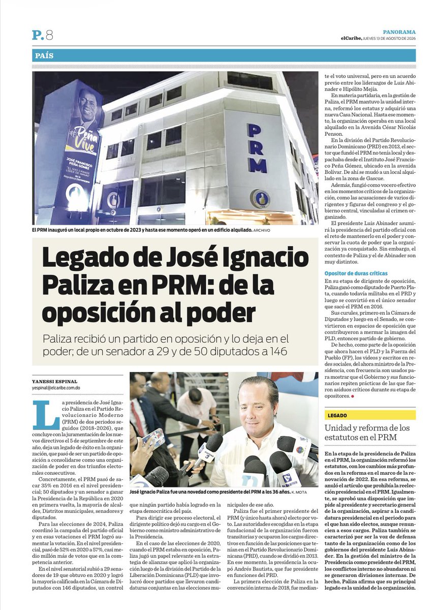 JosePaliza's tweet photo. Ocho años después, miro con gratitud y con la satisfacción del deber cumplido. Si algo quisiera que permaneciera como legado, más allá de las victorias 🗳️, es la unidad del @PRM_Oficial.

Gracias al @ElCaribeRD 📰 por estas líneas, significan mucho para mí. 

https://t.co/UDLll0Dzlf
