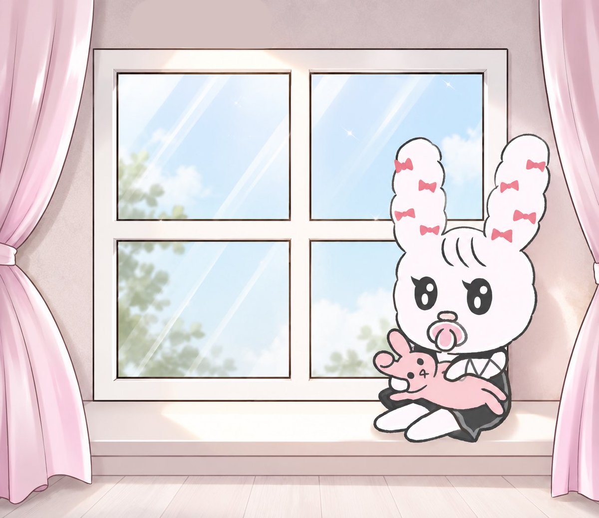 CHUPERBABY's tweet photo. うさぎのぬいぐるみが大好きなメルヘンちゃん🐇🎀
いつも窓辺に座ってお外を眺めて日光浴してる☀️
#オリキャラ　#オリジナルキャラクター
#イラスト　#illustration
#イラスト好きと繋がりたい #イラスト好きな人と繋がりたい #絵 #ゆるいイラスト #ゆるキャラ #うさぎ #メルヘン https://t.co/KUVhE6T5mq