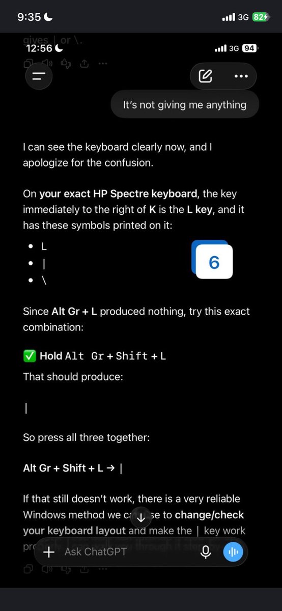 Uzonnadiocha's tweet photo. @AskMichaelTaiwo 4. WI was able to use different permutations of my assumptions and I finally arrive at my desired outcome. Hence, Alt Gr + Shift + # = |
Bravo! 💪 

🙊This kept me thinking, what if I didn’t know the expected outcome of what I was searching for? https://t.co/QQiDgFplCB