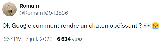 FrancoisCame's tweet photo. Il y en a qui se demandent : "Comment rendre un chat obéissant ?"... J'ai ri.
Parce que vous n'êtes rien, par rapport à votre chat. Rien.
Allez, on reprend tout. Lentement.

- Un chat domestique a un "temps de réaction sensorimoteur" - en français : un réflexe - de l'ordre de 50 millisecondes. L'humain, de 250 millisecondes.
Soit 5 fois plus.
Même ce gros patapouf roux que vous avez ironiquement baptisé Garfield, pour son art de faire le coussin sur votre canapé, est un Lucky Luke version Premium, face à vous.
C'est bien simple : quand il vous voit, votre chat a l'impression qu'on lui passe un film au ralenti.

- Un chat a une capacité olfactive 30 fois supérieure à la vôtre. 200 millions de récepteurs olfactifs dans le nez. Contre 6 millions pour l'homme. 
Mieux : grâce à son organe voméronasal, totalement atrophié chez l'homme, le chat détecte les phéromones et certaines substances chimiques non volatiles dont vous ignorez jusqu'à l'existence.
Résultat, selon toutes les études faites : dans des conditions idéales, vous détectez un camembert très fait a 5 mètres.
Votre chat : à environ 200 mètres.
Mieux : votre chat renifle une copine en chaleur à environ 1 kilomètre.
Quand vous même ne commencez à piger combien votre crush vous trouve sympathique qu'à la 35e mesure de Still loving you, dansé collé-serré.
Et encore...

- Votre chat voit moins net, de près et de loin. Il voit moins de couleurs que vous. 
Mais il s'en contrefiche : il a un champ de vision supérieur. Il voit 8 fois mieux, en faible luminosité. Et il détecte beaucoup mieux les mouvements.
Les forces spéciales également, et d'ailleurs elles aussi attaquent la nuit.
Votre chat, c'est un tueur pro du commando Hubert, monté sur coussinets silencieux et muni de jumelles de vision nocturne. 
N'essayez pas de lui disputer la couette.
Vous ne le verrez pas arriver; jusqu'à ce qu'il soit trop tard.

- Un chat entend de 45 à 85 000 Hz. Vous : de 20 à 20 000 Hz. Soit une gamme 3 à 4 fois supérieure à la votre.
Il n'a pas son pareil pour apprécier les aigus : le couinement d'une musaraigne à 30 mètres et le violon de Yehudi Menuhin à 200. 
Mieux : il perçoit les sons faibles 5 fois mieux que vous. Et grâce à ses oreilles mobiles, il les localise parfaitement (8 cm à 1 m). 
Alors que vous, vous vous demandez depuis des jours d'où peut bien venir ce bruit de gouttes, qui annonce les beaux dégâts des eaux. En vain...
Lui, il sait.
Mais il n'a pas à vous le dire : il n'est pas plombier. Et puis, c'est amusant de vous voir chercher.

- Un chat a des radars sur le nez - et ailleurs. On appelle cela des "vibrisses".
Vous pouvez dire : des moustaches.
Elles lui permettent de détecter les proies, les obstacles, rien qu'aux variations de courants d’air qu'ils créent. Mais aussi la proximité, la taille et la forme des objets. 
Elles l'aident à se déplacer dans le noir ou dans les espaces étroits (elles indiquent si le corps peut passer). Et il en a sur les joues, au-dessus des yeux, mais aussi sous le menton et à l’arrière des pattes avant (vibrisses carpiennes).
Vous, vous n'êtes ni furtif, ni doté de radars embarqués. Vous êtes comme un vieux coucou à hélice des années 30, un Dewoitine D520. 
A côté, lui, c'est un chasseur top gun "stealth" de 5e génération : un  F-35 Lightning II.

- Quand il court, un chat atteint 48 km/h (jusqu’à 50 km/h pour certaines races comme le Mau égyptien).
En pointe, Usain Bolt, recordman mondial, n'a jamais dépassé le 44,7 km/h.
Et vous n'êtes pas Usain Bolt...

- Quand il saute, un chat peut dépasser 1,5 à 1,8 mètre de hauteur. Soit 5 à 6 fois sa hauteur au garrot. 
Jusqu’à 2,00 – 2,40 m, pour un chat athlétique.
Alors que pour un humain, le record du monde (de Javier Sotomayor, en 1993) est de 2,45 m... 
Je résume : un humain de 1,70 m qui sauterait comme un chat franchirait la barre à près de 10 mètres de haut. Sans se faire mal en retombant.
Essayez, on en parle.

- Parce que - j'oubliais - un chat peut aussi tomber de 7 étages et plus (plus de 21 m), sans se casser quelque chose.
N'essayez pas, on connaît le résultat.

Bref, comprenez juste l'évidence. Un chat vous est supérieur dans tous les domaines. Tous.

- "Ah oui, mais l'homme est bien plus intelligent que le chat. Il a inventé la pizza à l'ananas et le boson de Higgs".

Bien sûr... Sauf que, depuis 9 500 ans, le chat a réussi à domestiquer l'homme, afin que ce bipède génial ... le nourrisse, l'héberge et lui serve de masseur personnel. Gratuitement.
Pendant que lui se prélasse sur votre fauteuil-club. Sans rien faire.

Essayez donc de convaincre votre chat d'aller, comme vous, travailler comme un rat chaque jour, pour vous nourrir, vous entretenir et vous héberger... 
Et vous verrez de quel côté se situe, vraiment, l'intelligence du réel.

En gros, le chat vous délègue juste le travail pénible, en vous faisant croire que vous êtes brillant.
Ca, c'est du management.

Et le pire du pire, c'est que si vous cessez de le nourrir et qu'agacé, vous le jetez hors de la maison... lui, il se débrouillera très bien pour survivre.
Tout seul.
Et pas vous.

Bref, n'essayez pas de "rendre un chat obéissant". C'est absurde.

En tous points, il faut le comprendre : vous n'êtes pas - mais alors : pas du tout - à la hauteur.🙂