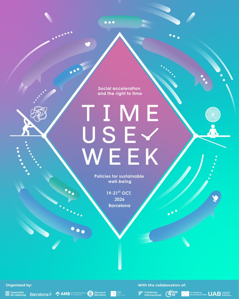 TimeUseInit's tweet photo. Podcast #TimeUseWeek2026 "And what can I do to slow down?" Ditching burnout for leisure🎙️#AzaharaAlonso 10/19 #TUW2026 https://t.co/BDdwyAXMbM Org: @gencat @bcn_ajuntament @AMB_MetroGlobal @diba @TimeUseInit_cat Collab: @CataloniaIntl @UrbanTimeNtwk @EU_Commission @UABBarcelona https://t.co/49mb2m8apA
