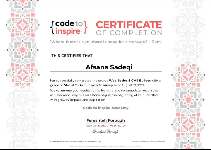 Afsana_Sadeqi's tweet photo. ✨ یک قدم دیگر به سوی رویاهایم برداشتم!
با افتخار سرتیفیکتم را دریافت کردم. 🎓💻
این پایان راه نیست، بلکه شروع یک مسیر تازه برای یادگیری، رشد و موفقیت است. 🌱✨
به خودم افتخار می‌کنم! 🤍
@Wajiha_Niazi 
@f_forough 
@CodeToInspire https://t.co/EYAOHXFvaz