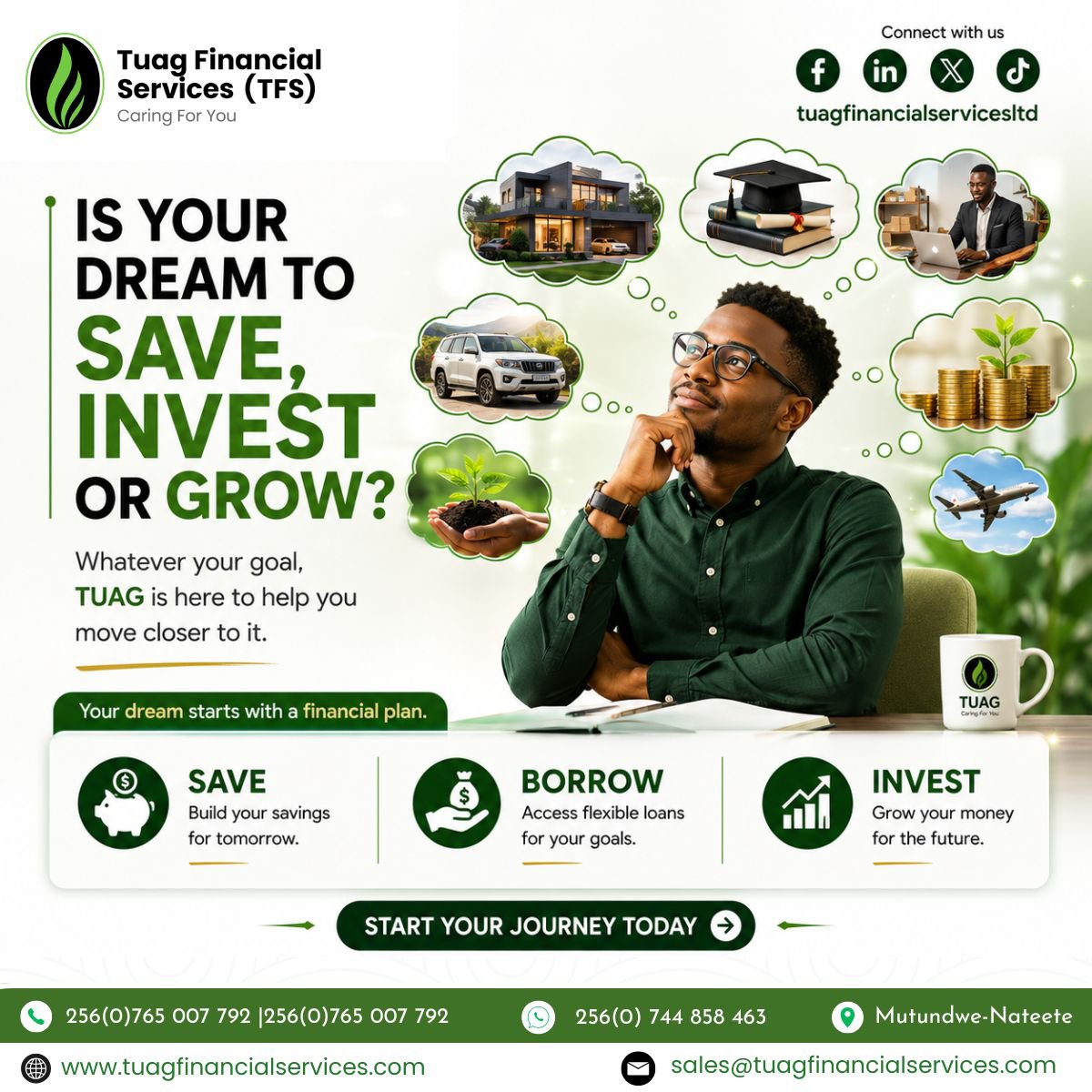 Tuagfinance's tweet photo. 💚 Is your dream to save, invest, or grow?

TUAG Financial Services is here to help you move closer to your financial goals.

WhatsApp: https://t.co/rHh89H6zFe

#TUAGFinancialServices #Savings #Loans #Uganda https://t.co/LSmP5pQLhJ