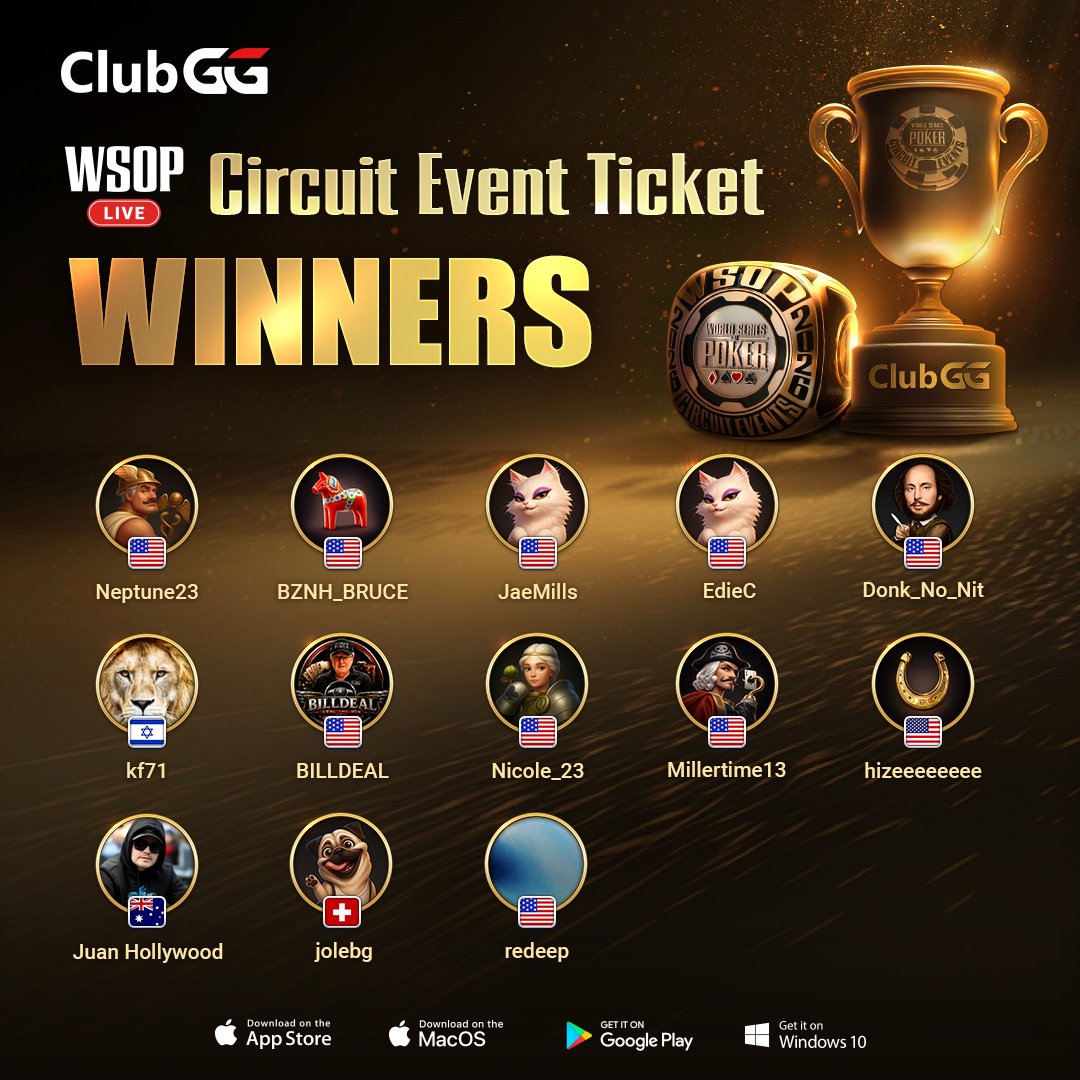 ClubGG_Poker's tweet photo. Congrats to last weekโs WSOP Circuit Event Ticket winners! ๐๐ฅ
The road to the ring continues. ๐
Win your way to the WSOP Circuit with ClubGG.
#ClubGG #WSOPC #WSOP https://t.co/a0BBLwneJ6