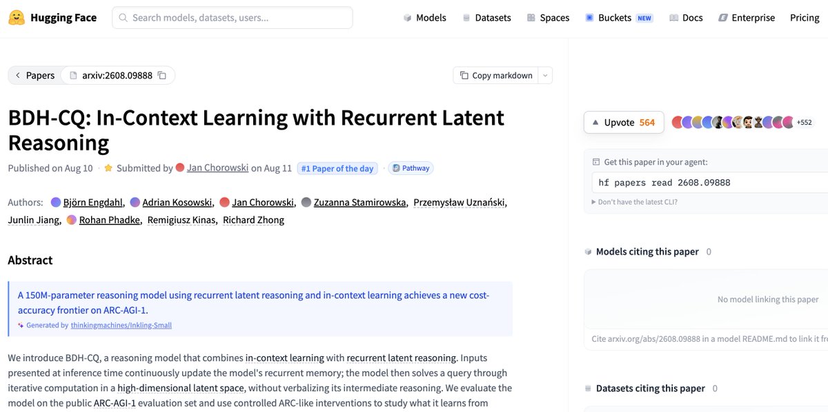 zuzanna_pathway's tweet photo. Woke up to see our paper sitting at #1 Paper of the Day on @HuggingFace :D
Really happy to see how much interest and discussion it has sparked in the community already. Thank you all!! https://t.co/LclCbFfefZ