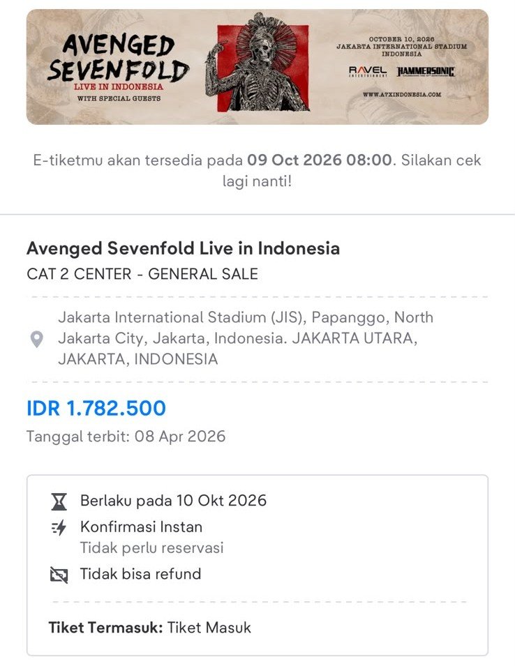 sayahanyaaa's tweet photo. DIJUAL Tiket avenged Sevenfold CAT 2 Center, saya lepas harga 1.5jt (net) 

#wts #avengedsevenfold https://t.co/GXlh13gJBs