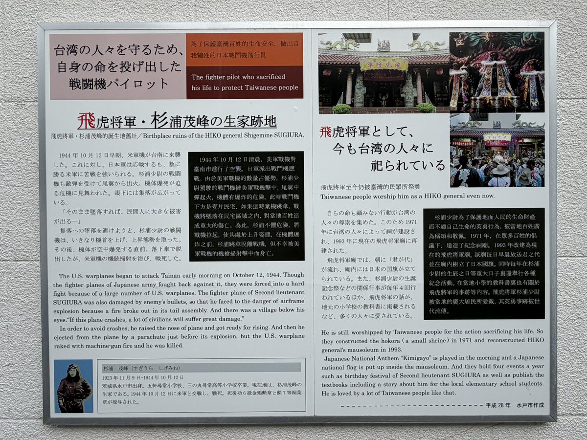 bibliorium's tweet photo. 茨城県水戸市五軒町の「飛虎将軍 杉浦 茂峰の生家跡地」は台湾で神として祀られる旧日本海軍の杉浦茂峰兵曹長の生家跡。１９４４年に零戦三二型へ搭乗した杉浦は台南上空で米軍機と交戦して撃墜される。集落への墜落を避けるべく郊外まで操縦。落下傘で脱出し、降下中に米軍機の機銃掃射を浴びて戦��。 https://t.co/3cOYGEVxqD